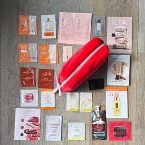 Cetaphil Cleanser Travel & 25 Various Skin Body Hair Makeup Samples Red/Pink Bag